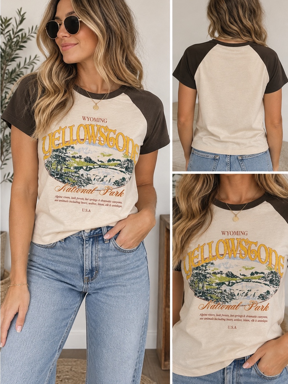 Urban Outfitters Yellowstone Graphic Raglan Tee - Cream & Brown